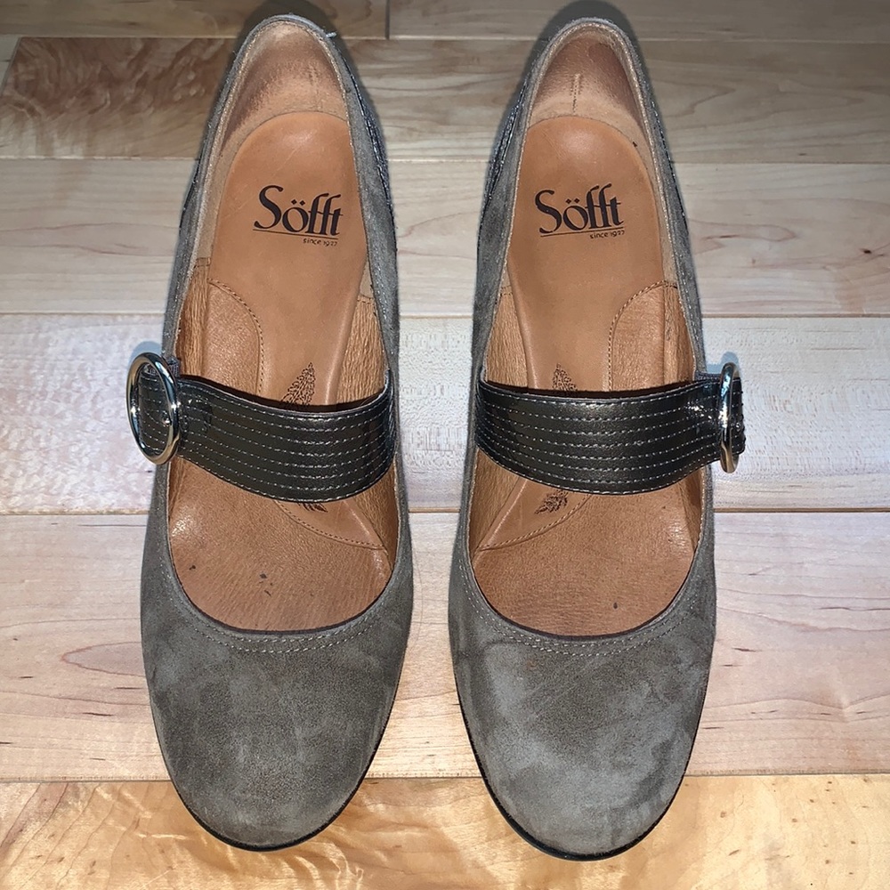 Sofft Nimbus Grey suede mary janes with silver buckle